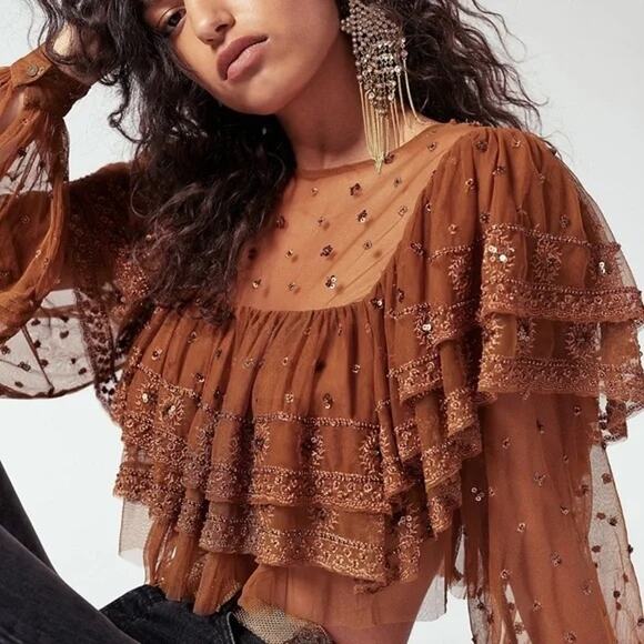 Free People Tops - Free People Disco Ball Long Sleeve Mesh Lace Ruffle Embellished Top Size Medium
